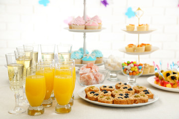 Wall Mural - Set of cold snacks, canape, beverages and dessert, closeup