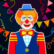 Smiling funny clown with hat and colorful ribbons.