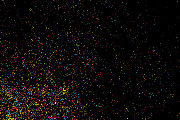 Wall Mural - Abstract black background with falling confetti. Many round random tiny glitter pieces.