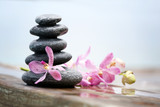Fototapeta Storczyk - Stack of spa stones with pink orchids on wooden wet bridge
