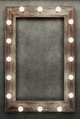 Wall Mural - Wooden frame on concrete background illuminated by light bulbs. 3D rendering