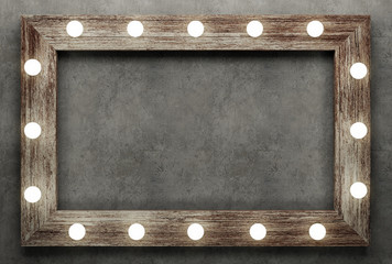 Wall Mural - Wooden frame on concrete background illuminated by light bulbs. 3D rendering