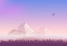 Vector Landscape. Snowy Mountains, Gradient Sunset Sky And The Pine Forest. Silhouette Of An Eagle Flying In The Sky