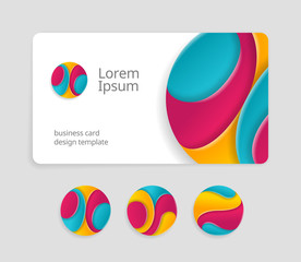 Business card template with round abstract letters logotype. Trendy color logo design. Fancy logo abstract letters on visit card template. Card design template of stylized logo alphabet. Abstract logo