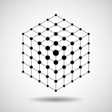Cube Of Lines And Dots, Molecular Lattice, Geometric Shape, Network Connection, Vector Illustration