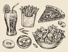 Fast Food. Hand Drawn Soda, Lemonade, Fries, Slice Of Pizza, Salad, Dessert, Donut. Sketch Vector Illustration