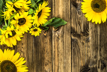 Sunflowers On Rustic Wood Background. Flowers Backgrounds.