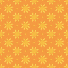 Wall Mural - Cute yellow flat design suns on orange background. Summer seamless pattern background.