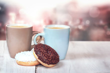 Donuts Coffee Blur Background Couple Concept.