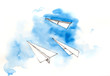 Paper plane, sky backdrop. Decoration with cloud and plane. Hand drawing watercolor illustration.