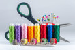 Set of reel of thread, scissors, buttons, fabric and pins for se