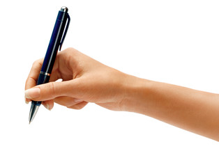 Woman's hand holding a pen isolated on white background. Business concept