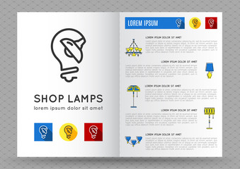 Wall Mural - Catalog store lamps or bulbs. Brochure Flyer design template with flat lamps icons. Logo with image lamp and light. Designed by store lamps. Outline lamp icon, thin line style, flat design, vector