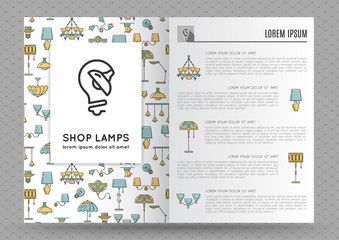 Wall Mural - Brochure Flyer design template with flat lamps icons. Logo with image lamp and light. Designed by store lamps. Outline lamp icon, thin line style, flat design, vector illustration