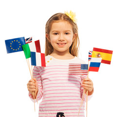 Wall Mural - Girl with flags of European nations and USA