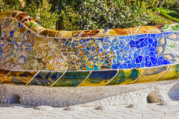 Barcelona, Spain. Park Guell, glass mosaic on bench, Gaudi