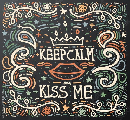 Cuadros en Lienzo Keep Calm and kiss me. Hand drawn vintage print.