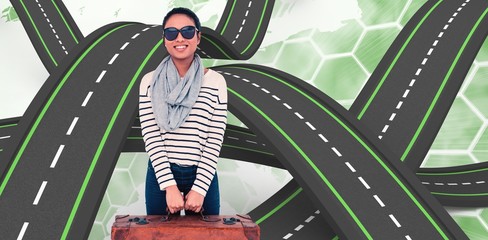 Sticker - Composite image of asian woman with luggage looking