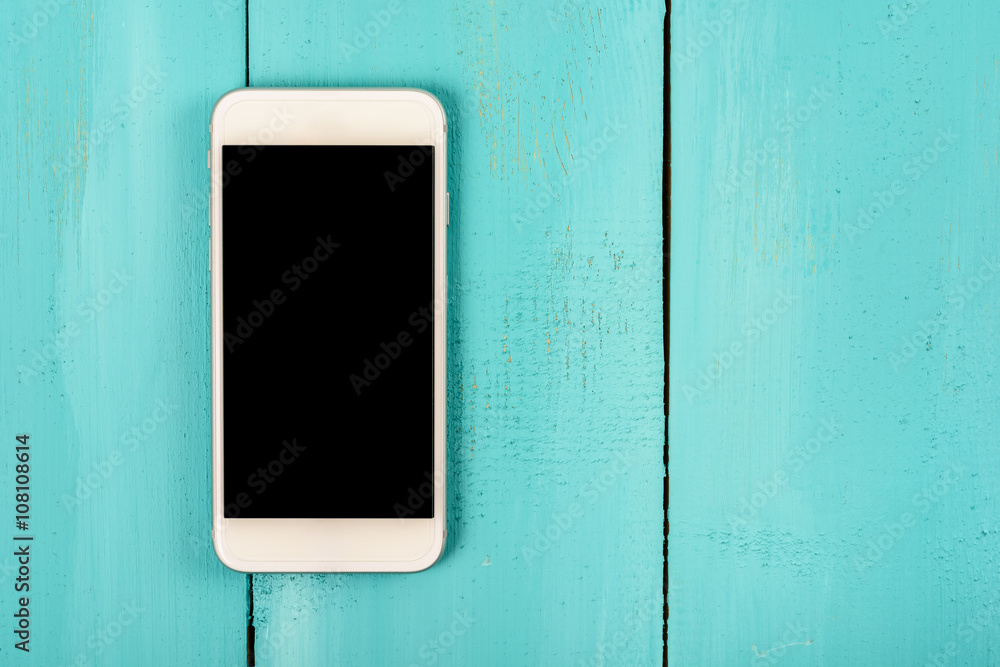 White Mobile Phone With Blank Screen On Wood Table Stock Photo | Adobe ...