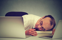 Businessman Sleeping At His Desk With Laptop, Tired Middle Aged Guy Employee