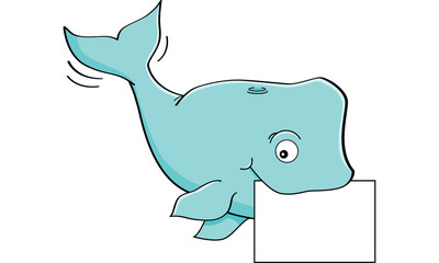 Cartoon illustration of a whale holding a sign.