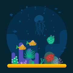 Underwater background with various water plant and swimming trop