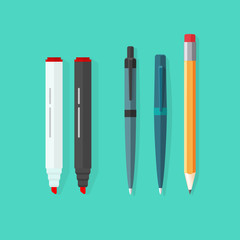 pens, pencil, markers vector set isolated on green background, ballpoint pens, lead orange dot pen w