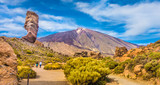 Fototapeta  - Pico del Teide with famous Roque Cinchado rock formation, Tenerife, Canary Islands, Spain