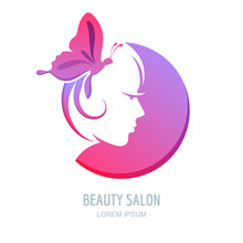 Female Profile In Circle Shape. Woman With Purple Butterfly In Hair. Vector Beauty Logo, Label Design Elements. Woman Face Symbol. Trendy Concept For Beauty Salon, Massage, Spa, Natural Cosmetics.