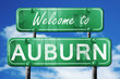 auburn vintage green road sign with blue sky background