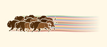 Group Of Buffalo Running Designed On Line Rainbows Movement Graphic Vector
