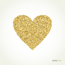 Gold Glitter Heart On White Background. 
