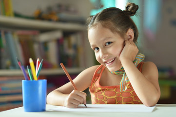 Poster - Little girl drawing at home