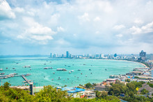 Building, Sea And Beach Of Pattaya City In Day Time. View Point Of Pattya Chonburi, Thailand.