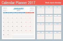 Calendar Planner For 2017 Year. Vector Design Template. Set Of 12 Months. Week Starts Monday. Stationery Design