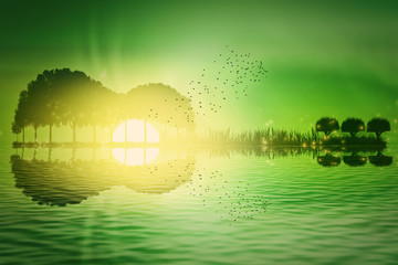 Jungle music. Trees and grass arranged in a shape of a guitar on a green tropical sunset background. Music island with a guitar reflection in water