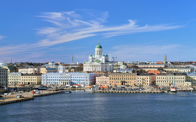 helsinki, finland. scenic cityscape with helsinki cathedral, south harbor, market square (kauppatori