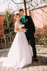 Bride and groom in a park kissing.couple newlyweds bride and groom at a wedding in nature green forest are kissing photo portrait.Wedding Couple