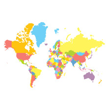Colorfull Vector Political World Map On White Background. Each Country Colored In Different Color. Flat Style Mercator Projection