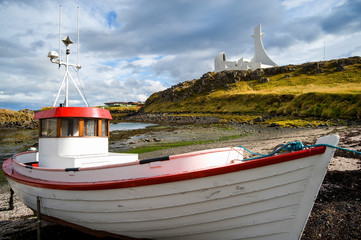 Stykkisholmur, Iceland, boat and church