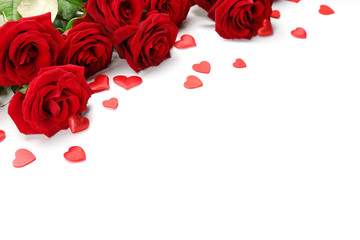 Wall Mural - Bouquet of red roses with small hearts isolated on white