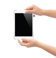 Wall Mural - hand holding white tablet isolated on white clipping path inside