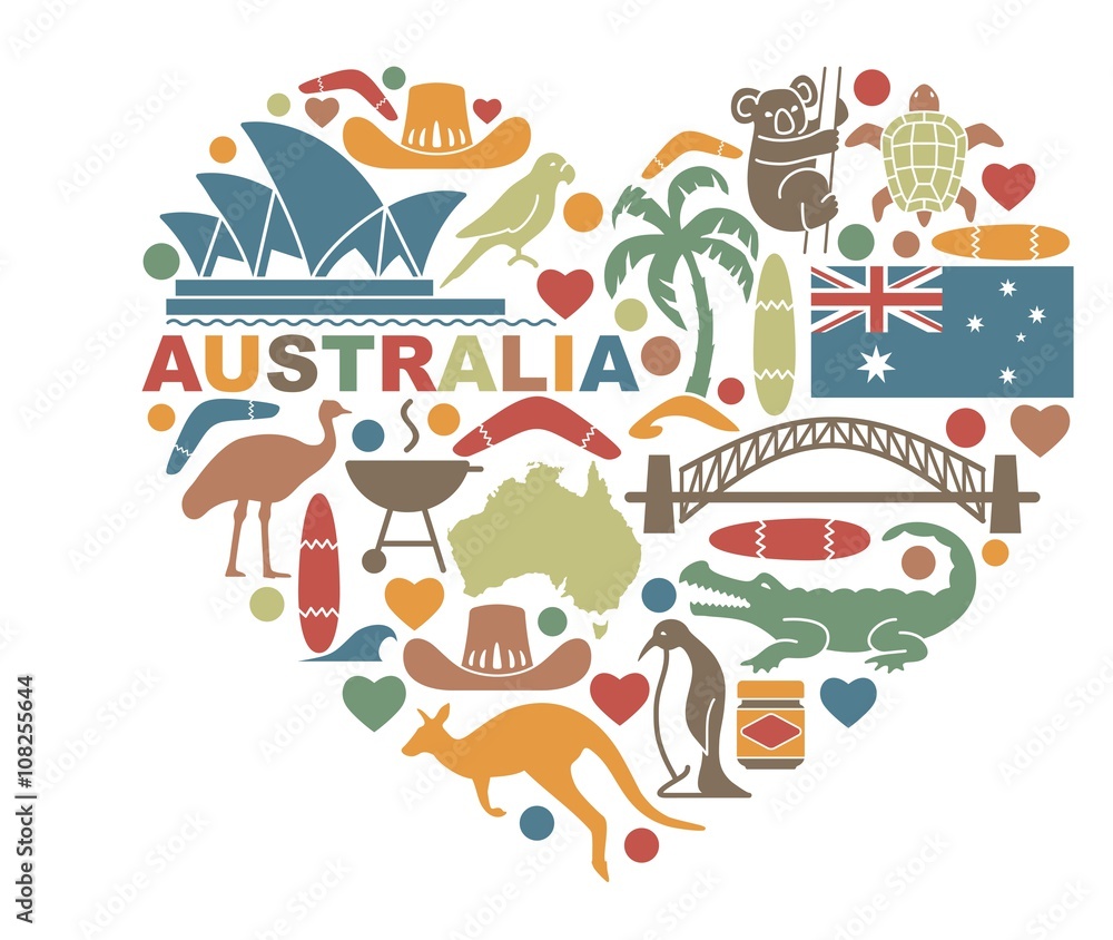 Symbols Of Australia in the shape of a heart - obrazy, fototapety, plakaty 
