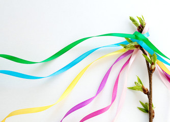 Maypole Day. May Day. Decoration with colored ribbons. Spring.