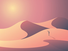 Explorer In Sand Dunes On A Desert. Landscape Vector Illustration With Man Outdoors. Business Symbol Of Vision, Goals And Ambition.