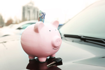 Poster - Piggy money box with cash and key on car bonnet at the street