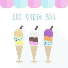 Neapolitan Ice Cream. 3 Scoops In One Cone, 9 Flavors - Strawberry, Vanilla, Chocolate