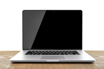 Sticker - Laptop with black screen on wooden table against white background