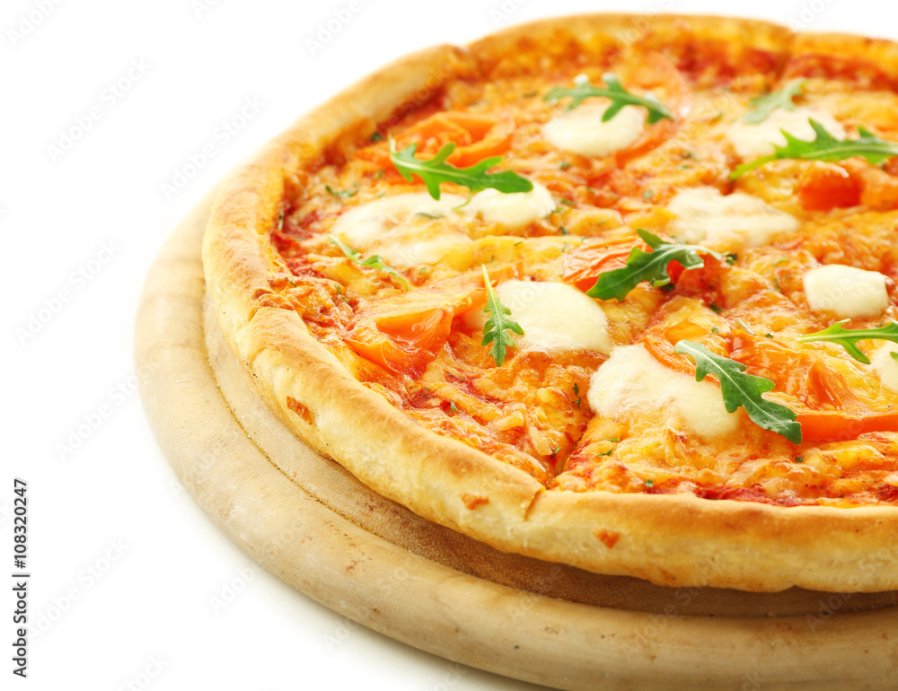 Margherita pizza with fresh arugula, isolated on white