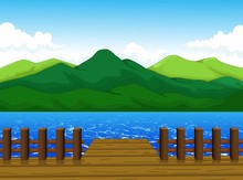 Beautiful View Of Dock Cartoon With Mountain Landscape Background